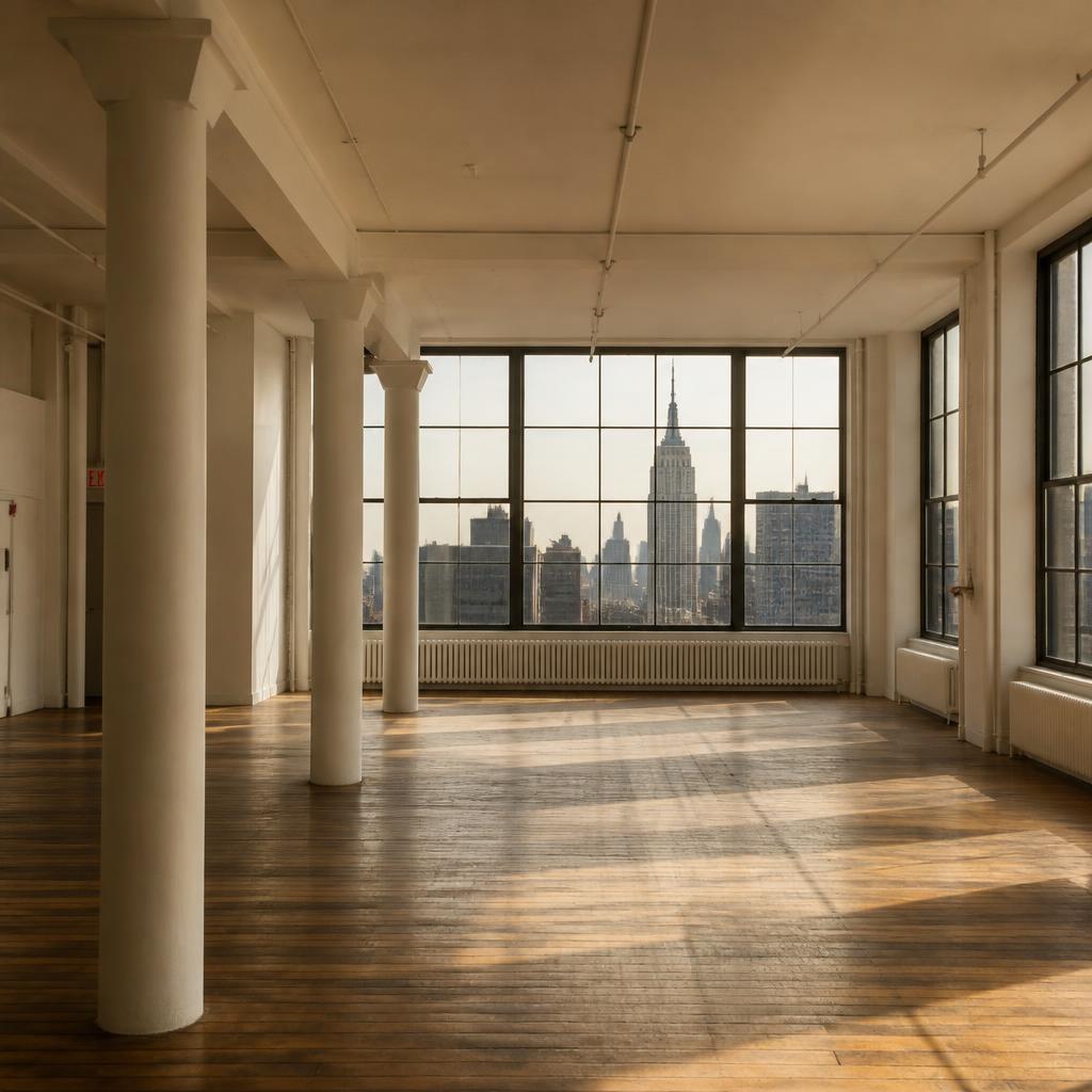 Office interior with Empire State Building view through steel windows