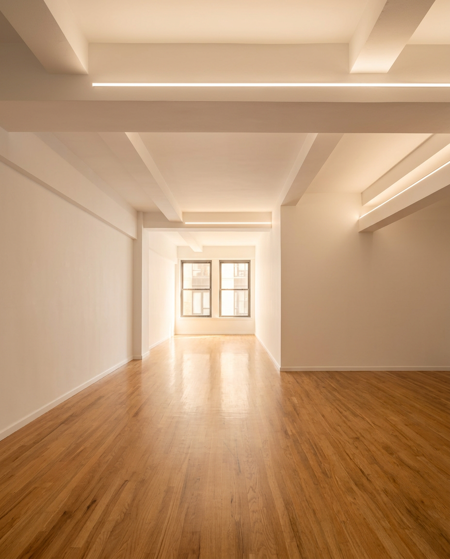 White loft office space with exposed beams and hardwood floors
